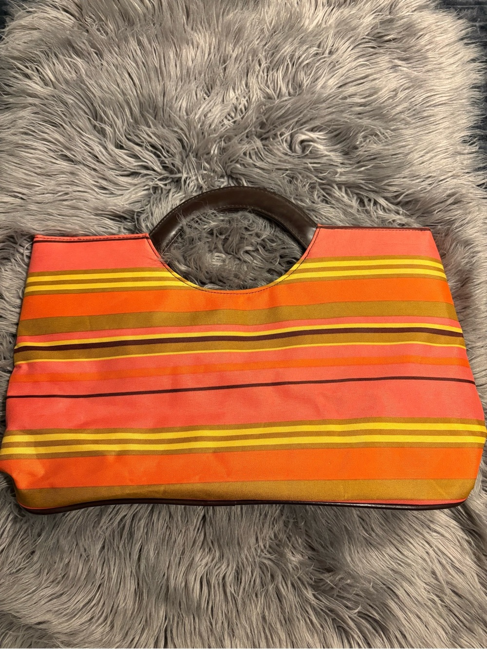 Striped Orange & Pink Women’s Handbag with Wooden Handle